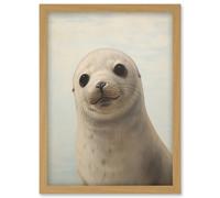 Wall Art Print Adorable Baby Seal Pup Portrait Oil Painting Calming Kids Bedroom Cute Arctic Animal Artwork Framed A4 Artery8 Light Oak A4