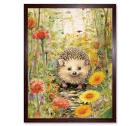 Artery8 Wall Art Print Adorable Hedgehog in a Wildflower Meadow Watercolour Painting Kids Bedroom Cute Woodland Creature Art Framed Artery8 Brown W12" x H16"