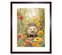 Artery8 Wall Art Print Adorable Hedgehog in a Wildflower Meadow Watercolour Painting Kids Bedroom Cute Woodland Creature Artwork Framed 9X7 Inch Artery8 Brown W7" x H9"