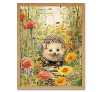 Artery8 Wall Art Print Adorable Hedgehog in a Wildflower Meadow Watercolour Painting Kids Bedroom Cute Woodland Creature Art Framed Artery8 Light Oak W12" x H16"