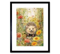 Artery8 Wall Art Print Adorable Hedgehog in a Wildflower Meadow Watercolour Painting Kids Bedroom Cute Woodland Creature Artwork Framed 9X7 Inch Artery8 Black W7" x H9"