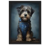 Artery8 Wall Art Print Adorable Snorkie Dog in Blue Jean Dungarees Realistic Artwork Fun Pet Portrait Artwork Framed A4 in Black Artery8 Black A4