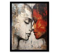 Artery8 Wall Art Print Affection Thick Paint Oil Painting Red Bold Blue Gay Lovers Emotional Connection Women Love Lesbian Art Framed Artery8 Black W12" x H16"
