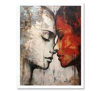 Artery8 Wall Art Print Affection Thick Paint Oil Painting Red Bold Blue Gay Lovers Emotional Connection Women Love Lesbian Art Framed Artery8 White W12" x H16"