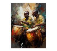 Artery8 Wall Art Print African Drum Players Oil Painting Orange Yellow Blue Drummer Beat Traditional Music Songs Poster | Size: W24" x H32" Artery8 Multicolor W24" x H32"