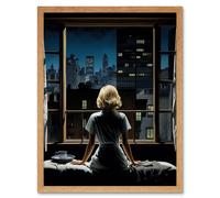 Artery8 Wall Art Print Alfred Hitchcock Rear Window Inspired Hyperrealist Painting Watching Neighbours at Night Art Framed | Size: W12" x H16" Artery8 Light Oak W12" x H16"