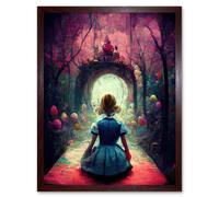 Artery8 Wall Art Print Alice In Wonderland Through Looking Glass Enchanted Pink Forest Art Framed in Brown | Size: W12" x H16" Artery8 Brown W12" x H16"