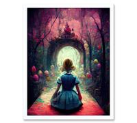 Artery8 Wall Art Print Alice In Wonderland Through Looking Glass Enchanted Pink Forest Art Framed in White | Size: W12" x H16" Artery8 White W12" x H16"