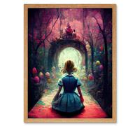 Artery8 Wall Art Print Alice In Wonderland Through Looking Glass Enchanted Pink Forest Art Framed in Light Oak | Size: W12" x H16" Artery8 Light Oak W12" x H16"