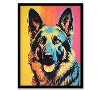 Artery8 Wall Art Print Alsatian Dog Multi Coloured German Shepherd Screen Risograph Artwork Spot Block Colour Duotone Retro Riso Interior Design Art Artery8 Black W12" x H16"