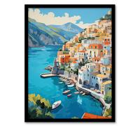 Wall Art Print Amalfi Coast Artwork Blue Orange Green Italy Coastal Village Landscape Art Framed Artery8 Black A4