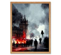 Artery8 Wall Art Print Anarchy Civil Unrest Punk Rioting UK Houses Parliament Art Framed in Light Oak | Size: W12" x H16" Artery8 Light Oak W12" x H16"