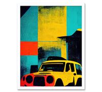 Artery8 Wall Art Print Andy Warhol Inspired Modern Abstract Car Taxi Yellow Orange Teal Black Art Framed in White | Size: W12" x H16" Artery8 White W12" x H16"