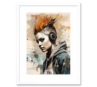 Artery8 Wall Art Print Angry Young Woman with Mohawk Hair & Headphones Modern Watercolour Painting Artwork Framed 9X7 Inch in White | Size: W7" x H9" Artery8 White W7" x H9"