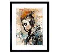 Artery8 Wall Art Print Angry Young Woman with Mohawk Hair & Headphones Modern Watercolour Painting Artwork Framed 9X7 Inch in Black | Size: W7" x H9" Artery8 Black W7" x H9"