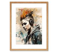 Artery8 Wall Art Print Angry Young Woman with Mohawk Hair & Headphones Modern Watercolour Painting Artwork Framed 9X7 Inch in Beige | Size: W7" x H9" Artery8 Beige W7" x H9"