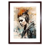 Artery8 Wall Art Print Angry Young Woman with Mohawk Hair & Headphones Modern Watercolour Painting Artwork Framed 9X7 Inch in Brown | Size: W7" x H9" Artery8 Brown W7" x H9"
