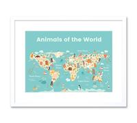 Artery8 Wall Art Print Animals of The World Map Art Framed 9x7 inch in White | Size: W7" x H9" Artery8 White W7" x H9"