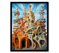 Artery8 Antoni Gaudi Style Orange Pink Blue Architecture Artwork Framed Wall Art Print A4