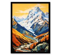 Artery8 Wall Art Print Aoraki Mount Cook Artwork Amber Orange Blue National Park New Zealand Snow Peaked Mountain Cloud Piercer Art Framed Artery8 Black W12" x H16"