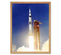 Artery8 Wall Art Print Apollo 11 Moon Launch Saturn V Rocket Blast Thrust Nasa Kennedy Space Center USA Photograph Art Framed | Size: W12" x H16" Artery8 Light Oak W12" x H16"