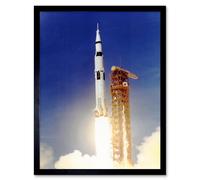 Artery8 Wall Art Print Apollo 11 Moon Launch Saturn V Rocket Blast Thrust Nasa Kennedy Space Center USA Photograph Art Framed | Size: W12" x H16" Artery8 Blue W12" x H16"