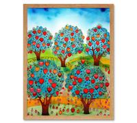 Artery8 Wall Art Print Apple Orchard Trees Ready For Harvest Folk Art Landscape Watercolour Painting Art Framed in Light Oak | Size: W12" x H16" Artery8 Light Oak W12" x H16"