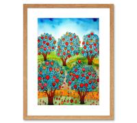 Artery8 Wall Art Print Apple Orchard Trees Ready For Harvest Folk Art Landscape Watercolour Painting Artwork Framed 9X7 Inch | Size: W7" x H9" Artery8 Beige W7" x H9"