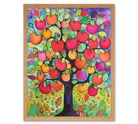 Artery8 Wall Art Print Apple Tree Folk Art Bright Watercolour Painting Art Framed in Light Oak | Size: W12" x H16" Artery8 Light Oak W12" x H16"