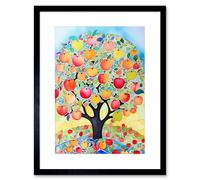 Artery8 Wall Art Print Apple Tree Fruit Harvest Day Folk Art Bright Watercolour Painting Artwork Framed 9X7 Inch in Black | Size: W7" x H9" Artery8 Black W7" x H9"
