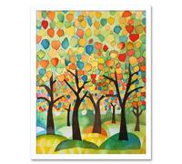 Artery8 Wall Art Print Apple Tree Orchard Abstract Folk Art Landscape Watercolour Painting Art Framed in White | Size: W12" x H16" Artery8 White W12" x H16"