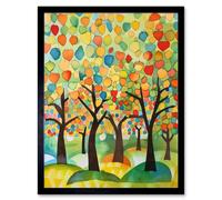 Artery8 Wall Art Print Apple Tree Orchard Abstract Folk Art Landscape Watercolour Painting Art Framed in Black | Size: W12" x H16" Artery8 Black W12" x H16"