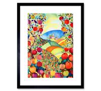 Artery8 Wall Art Print Apple Tree Orchard Fields In Summer Folk Art Landscape Watercolour Painting Artwork Framed 9X7 Inch in Black | Size: W7" x H9" Artery8 Black W7" x H9"