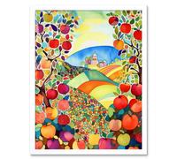 Artery8 Wall Art Print Apple Tree Orchard Fields In Summer Folk Art Landscape Watercolour Painting Art Framed in White | Size: W12" x H16" Artery8 White W12" x H16"