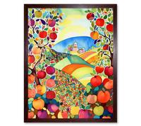 Artery8 Wall Art Print Apple Tree Orchard Fields In Summer Folk Art Landscape Watercolour Painting Art Framed in Brown | Size: W12" x H16" Artery8 Brown W12" x H16"