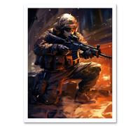 Artery8 Wall Art Print Army Warfare Desert Sniper Explosion Flames Oil Painting Soldier Action Scene Art Framed in White | Size: W12" x H16" Artery8 White W12" x H16"