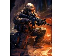 Artery8 Wall Art Print Army Warfare Desert Sniper Explosion Flames Oil Painting Soldier Action Scene Poster in Black | Size: W12" x H16" Artery8 Black W12" x H16"