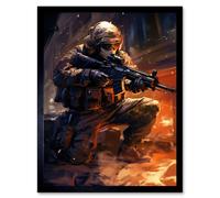 Artery8 Wall Art Print Army Warfare Desert Sniper Explosion Flames Oil Painting Soldier Action Scene Art Framed in Black | Size: W12" x H16" Artery8 Black W12" x H16"