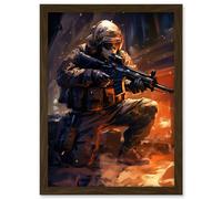 Artery8 Wall Art Print Army Warfare Desert Sniper Explosion Flames Oil Painting Soldier Action Scene Artwork Framed A4 in Brown Artery8 Brown A4