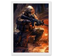 Wall Art Print Army Warfare Desert Sniper Explosion Flames Oil Painting Soldier Action Scene Artwork Framed A4 Artery8 White A4