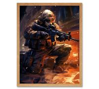 Artery8 Wall Art Print Army Warfare Desert Sniper Explosion Flames Oil Painting Soldier Action Scene Art Framed in Light Oak | Size: W12" x H16" Artery8 Light Oak W12" x H16"