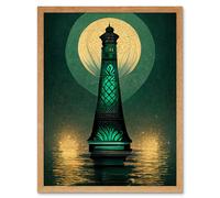 Artery8 Wall Art Print Art Deco Lighthouse Great Gatsby Moonlight Emerald Art Framed in Light Oak | Size: W12" x H16" Artery8 Light Oak W12" x H16"