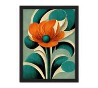 Artery8 Wall Art Print Art Deco Poppy Flower Teal Orange Cream Large Framed Wall Décor Art in White | Size: W18" x H24" Artery8 White W18" x H24"