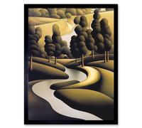 Artery8 Wall Art Print Art Deco River Landscape With Stylised Cypress Trees Art Framed in Black | Size: W12" x H16" Artery8 Black W12" x H16"