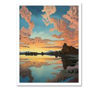 Artery8 Wall Art Print Atmospheric Cloud Reflections Early Morning Dawn at Mono Lake Modern Watercolour Painting Art Framed | Size: W12" x H16" Artery8 White W12" x H16"