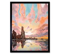Artery8 Wall Art Print Atmospheric Cloud Sunrise Reflections Mono Lake Pastel Pink Colour Modern Watercolour Painting Art Framed | Size: W12" x H16" Artery8 Black W12" x H16"