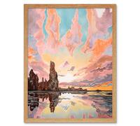 Artery8 Wall Art Print Atmospheric Cloud Sunrise Reflections Mono Lake Pastel Pink Colour Modern Watercolour Painting Art Framed | Size: W12" x H16" Artery8 Light Oak W12" x H16"