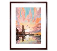 Artery8 Wall Art Print Atmospheric Cloud Sunrise Reflections Mono Lake Pastel Pink Colour Modern Watercolour Painting Artwork Framed 9X7 Inch Artery8 Brown W7" x H9"