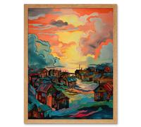 Artery8 Wall Art Print Atmospheric Clouds Over Mono Fishing Village Cabins at Dawn Modern Watercolour Painting Art Framed | Size: W12" x H16" Artery8 Light Oak W12" x H16"
