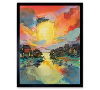 Artery8 Framed Wall Art Atmospheric Clouds Over Mono Lake Fishing Village At Dawn Modern Watercolour Painting - 12X16 Inch